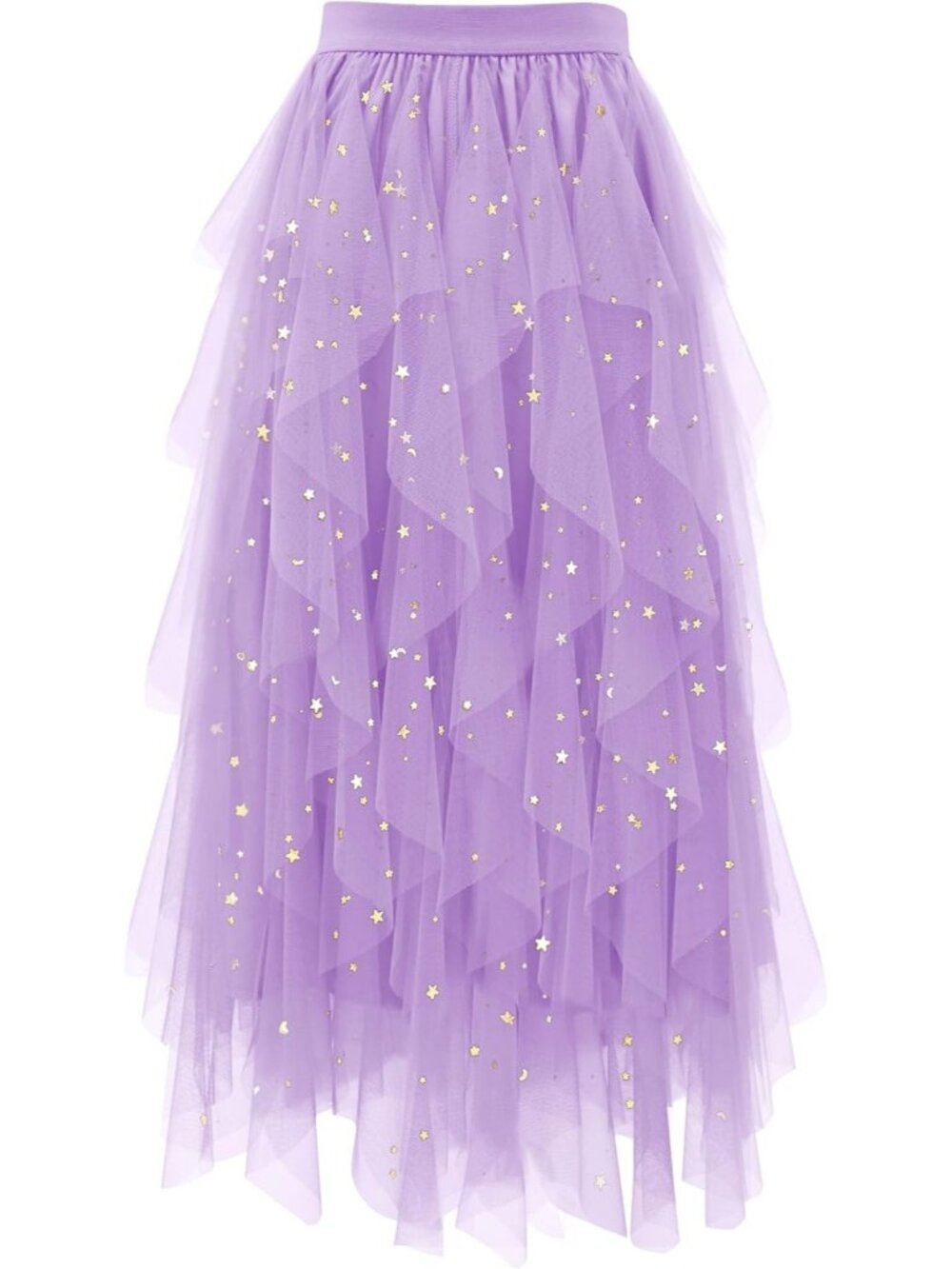 Women Sequin Lavender High Waist Layered Tulle Mesh Ruffle Asymmetric Midi Skirt